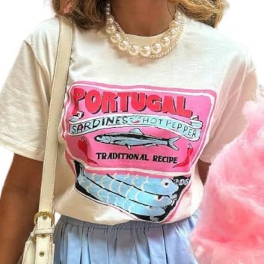 White Graphic T-Shirt with Portugal Sardines Design